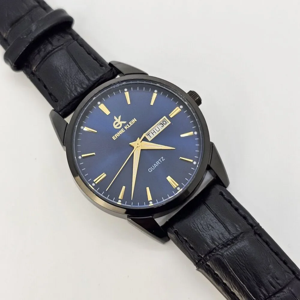 Ernie Klein 38MM Men’s Watch Blue Dial Black‎ Case Day Date Black Leather Bands
